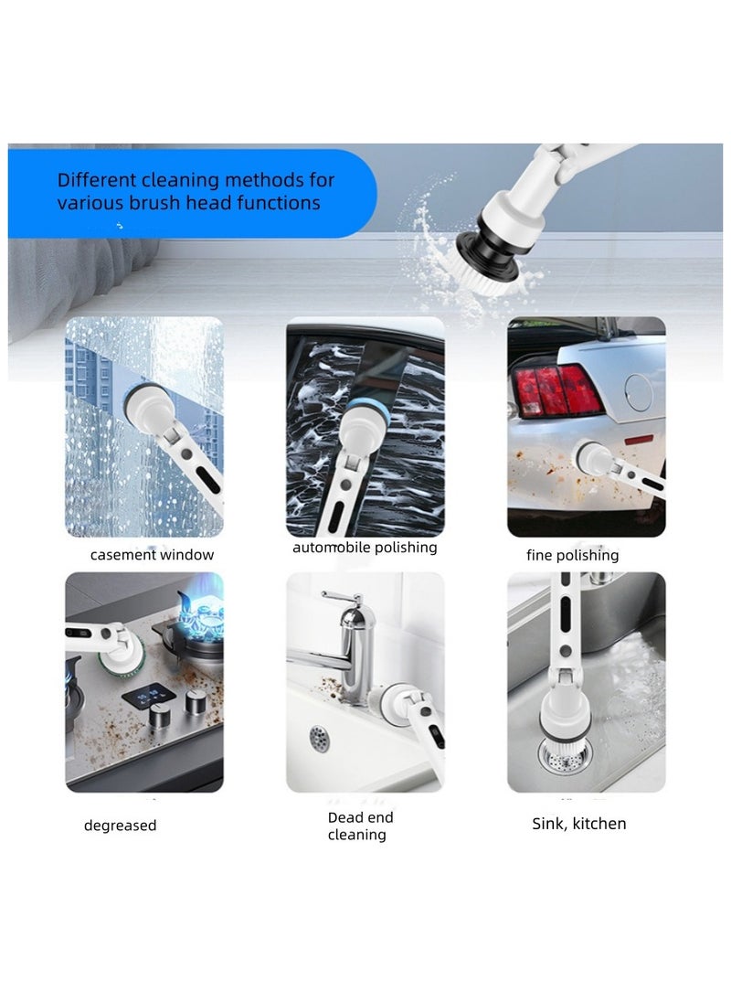 Electric Rotary Cleaning Brush, Cordless Shower Cleaning Brush. it Is Equipped With 9 Replaceable Brush Heads. The Electric Scrubber Has 2 Adjustable Speed Levels. There Is Also An Adjustable Extension Handle For The Bathroom. Lt Is Applicable To Various Scenarios Such As Bathroom And kitchen Cleaning, Corners Of The House, Sofas, Etc.