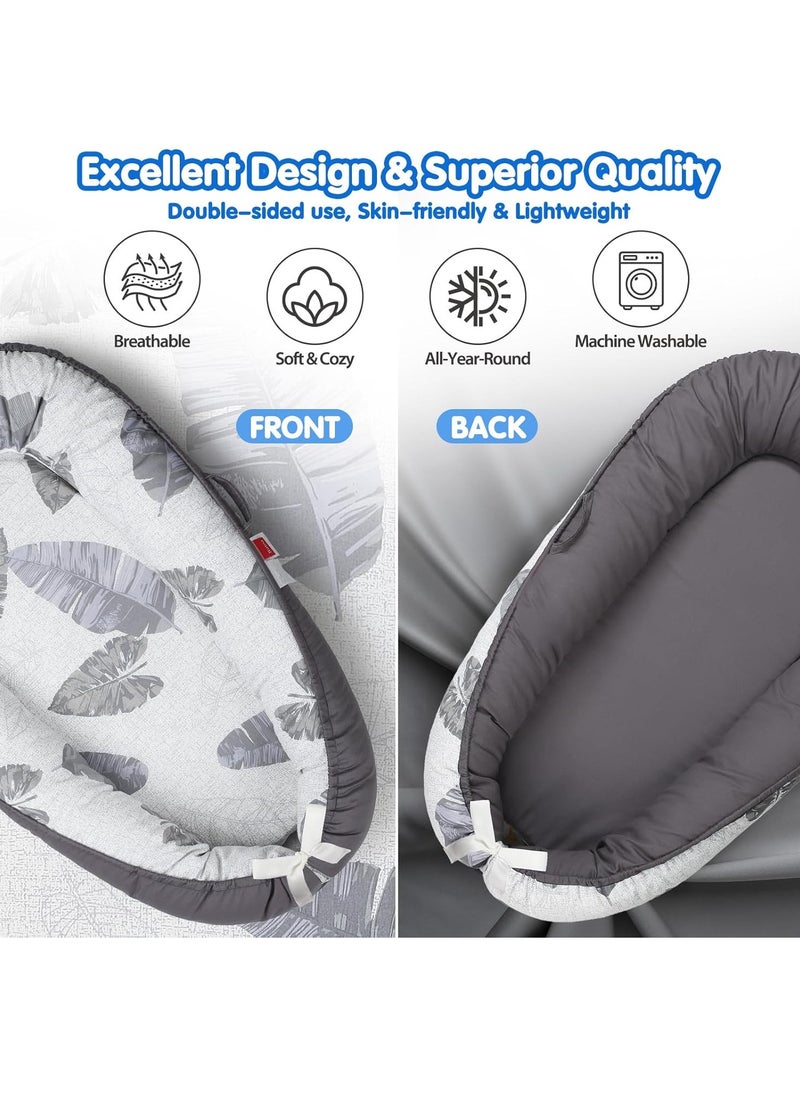 Baby Lounger - Baby Lounger for Newborn 0-24 Months, Co Sleeping Breathable & Soft Baby Nest, Portable and Lightweight Infant Lounger Newborn Babies Essentials Gifts, Grey Leaves