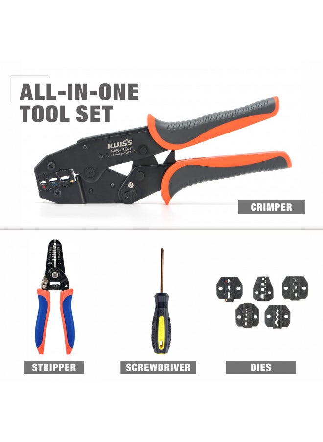 iCrimp Wire Crimping Tool Set with Wire Cable Stripper, Ratcheting Wire Crimper Tool with 5pcs Interchangeable Dies for Insulated and Non-insulated Connectors Terminal and End-sleeves Ferrule