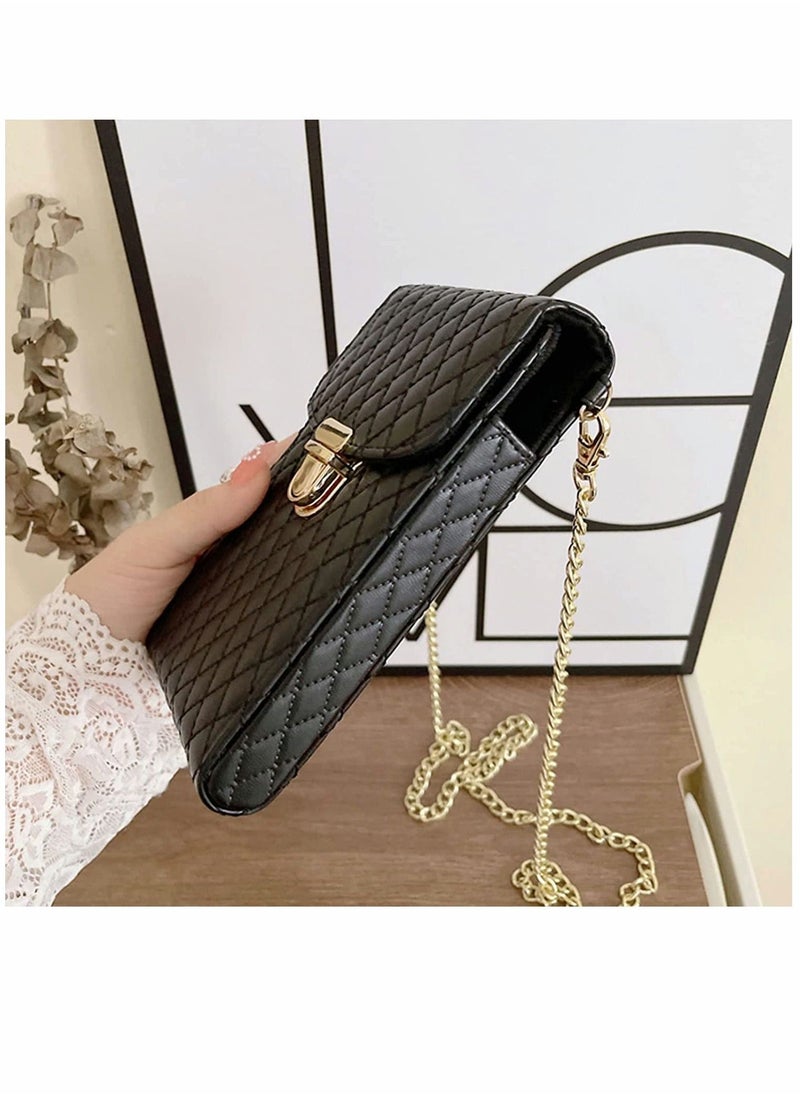 Cell Phone Bag Women Crossbody Small Shoulder Handbags Luxury Quilted Wallet Purse Soft Vegan PU Leather Case Ladies Dating Bag with Gold Chain Strap (Black)