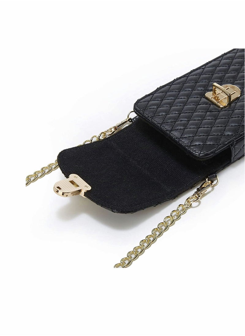 Cell Phone Bag Women Crossbody Small Shoulder Handbags Luxury Quilted Wallet Purse Soft Vegan PU Leather Case Ladies Dating Bag with Gold Chain Strap (Black)