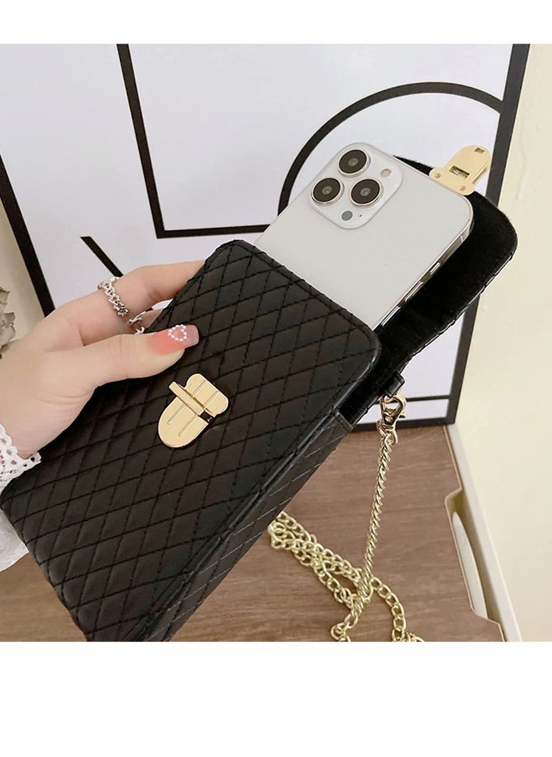 Cell Phone Bag Women Crossbody Small Shoulder Handbags Luxury Quilted Wallet Purse Soft Vegan PU Leather Case Ladies Dating Bag with Gold Chain Strap (Black)