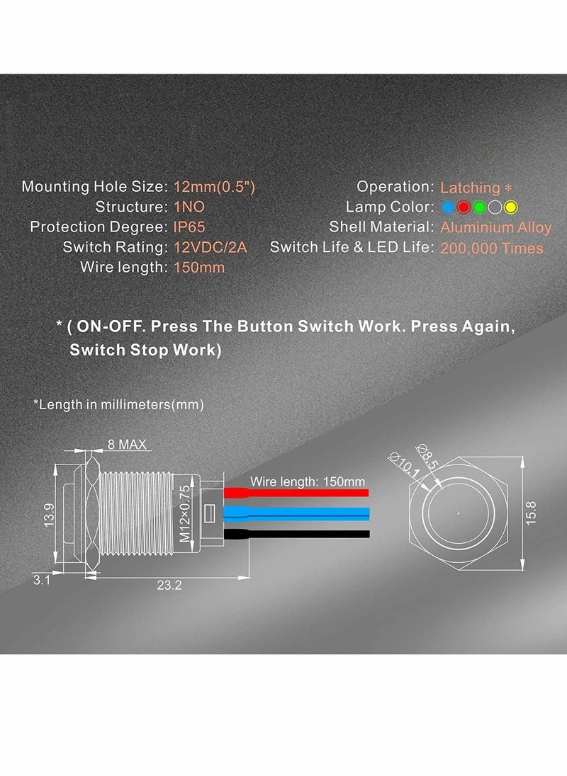 Latching Push Button Switch SPST Pre-Wired 150mm High Round Head Aluminium Alloy 1NO 1 Normally Open with Ring Led Pack