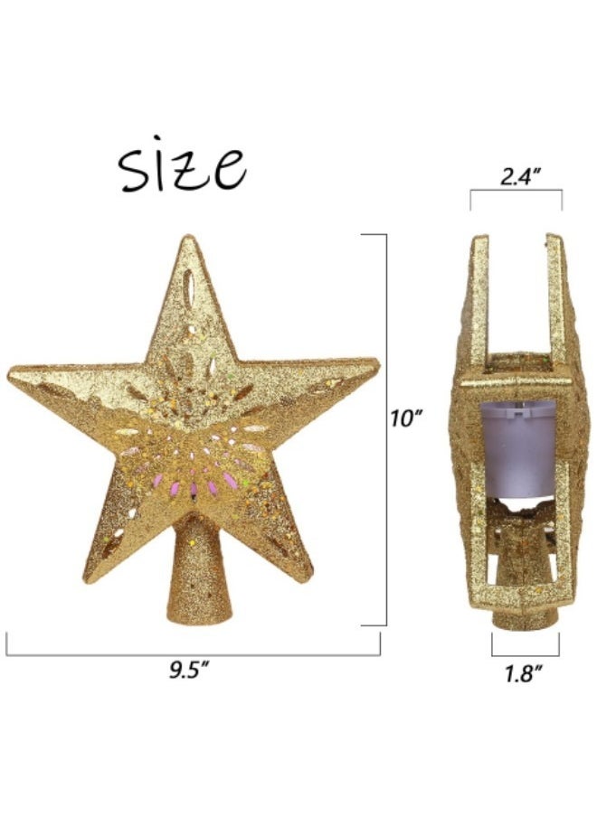 Decoration Tree Topper Gold Star Glittered, Rotating 3D Hollow LED Snowflake Projector Light for Holiday Decoration