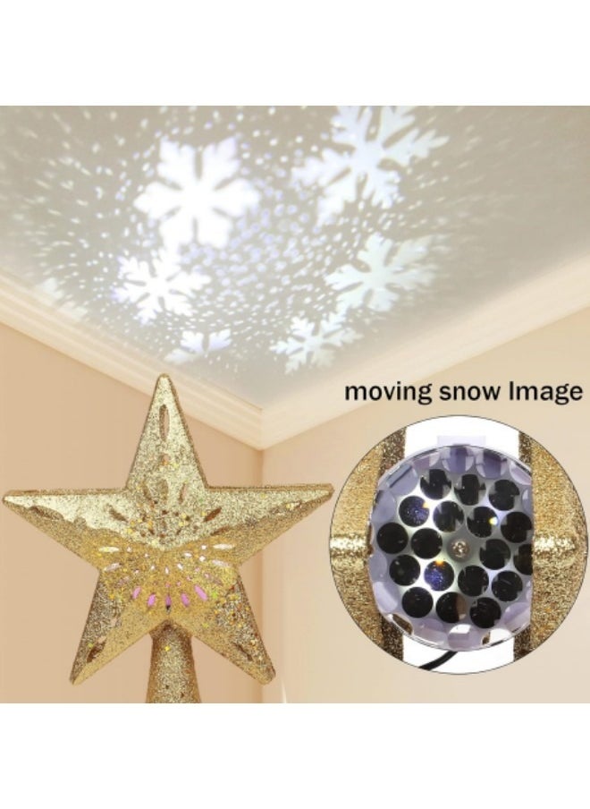 Decoration Tree Topper Gold Star Glittered, Rotating 3D Hollow LED Snowflake Projector Light for Holiday Decoration