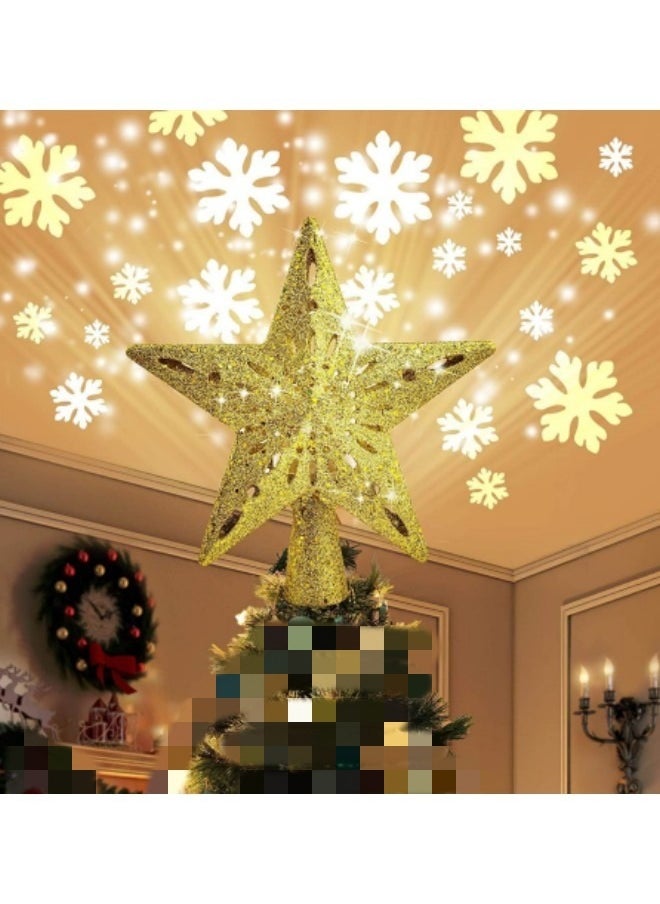 Decoration Tree Topper Gold Star Glittered, Rotating 3D Hollow LED Snowflake Projector Light for Holiday Decoration