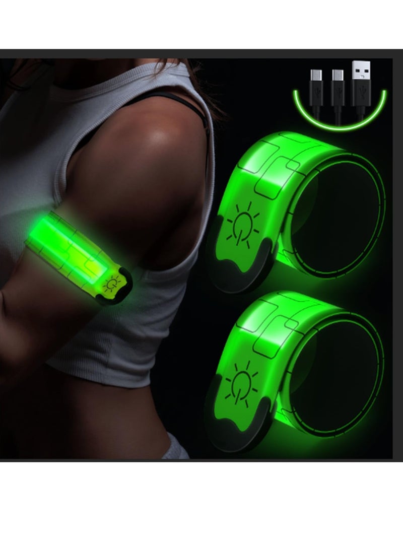 2 Pack Rechargeable LED Armbands for Running, Reflective High Visibility Light-Up Bands, USB Rechargeable Glow Bracelet Safety Wristbands for Runners, Bikers, Walkers, Pet Owners (Green)