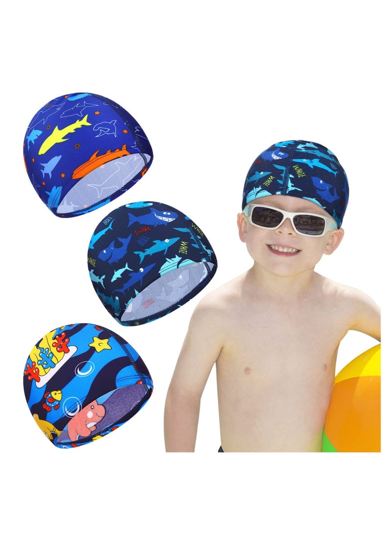 Kids Swim Caps - 3-Piece Shark and Dolphin Bathing Swimming Hats for Boys and Girls - Unisex Polyester Caps for Summer Water Adventures