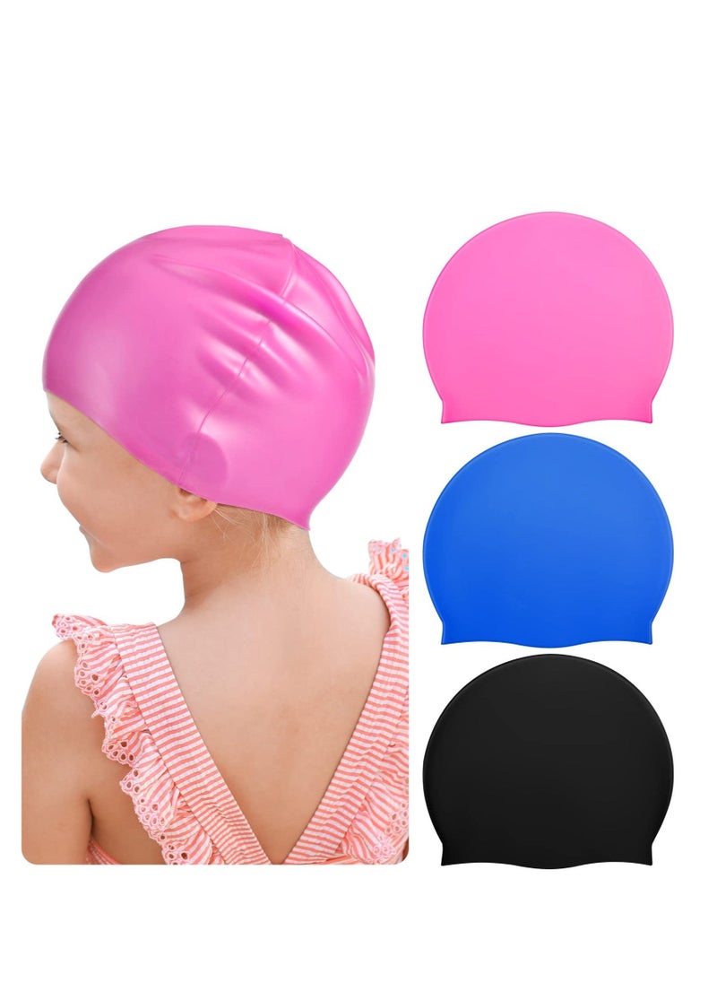 Kids Swim Cap for Boys Girls, Kids Swim Caps for Long Hair & Braids Silicone Swimming Cap, Large Waterproof Swim Hat, for Short/Long Hair to Keep Hair Dry (Pink, Blue, Black, 3 Pieces)