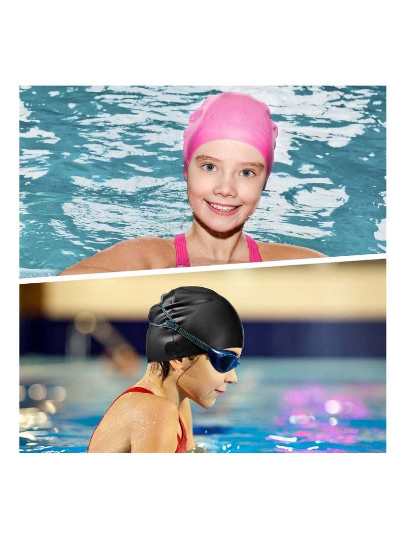 Kids Swim Cap for Boys Girls, Kids Swim Caps for Long Hair & Braids Silicone Swimming Cap, Large Waterproof Swim Hat, for Short/Long Hair to Keep Hair Dry (Pink, Blue, Black, 3 Pieces)