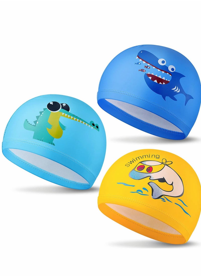 Kids Swimming Caps, Hat, 3 Pieces Waterproof PU Hats Elastic Bathing Cap with Coating Cartoon Pattern for Children Girls Boys, Age 6-12