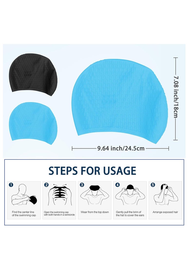 Swim Cap 2 Pack - Unisex Silicone Swimming Caps for Men, Women, Adults, and Kids - Durable, Flexible, and Waterproof Bathing Caps for Long and Short Hair(Blue,Black)
