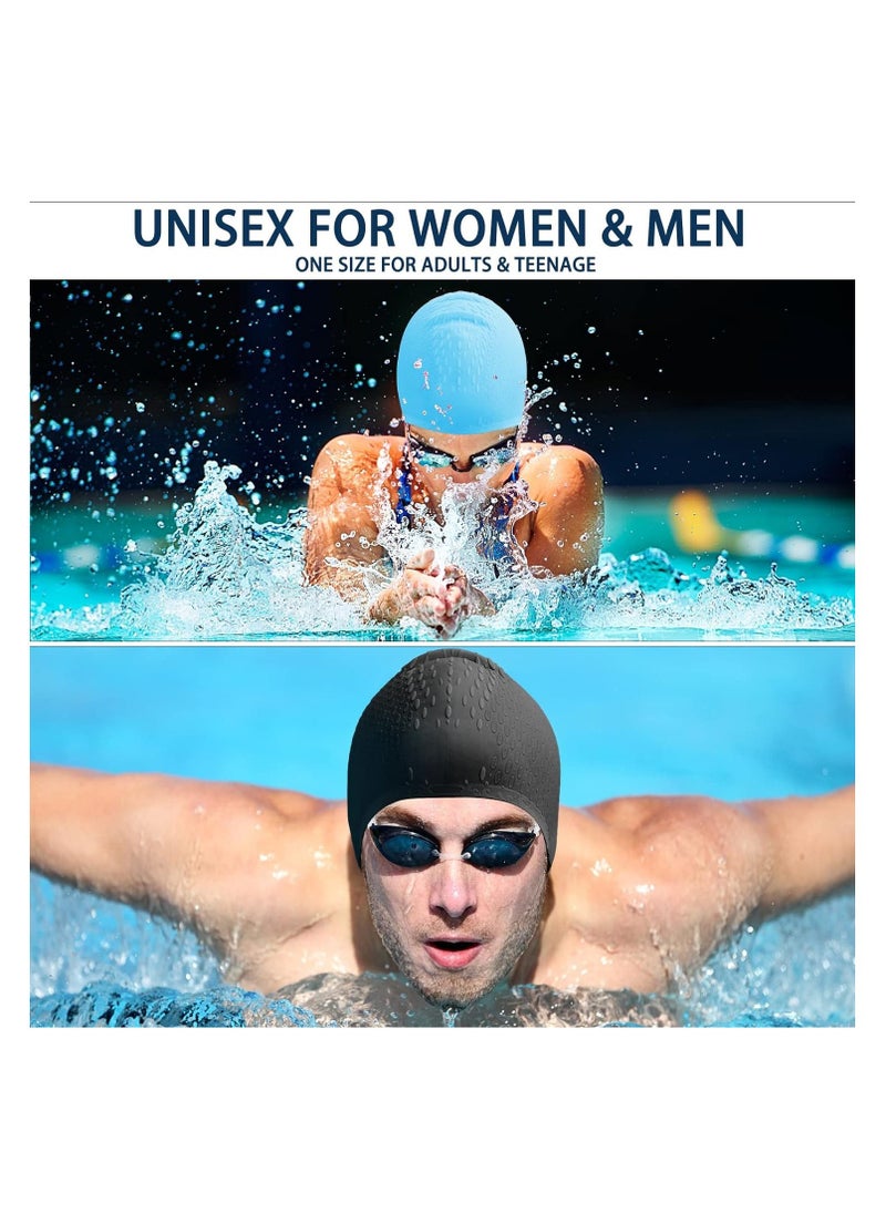 Swim Cap 2 Pack - Unisex Silicone Swimming Caps for Men, Women, Adults, and Kids - Durable, Flexible, and Waterproof Bathing Caps for Long and Short Hair(Blue,Black)