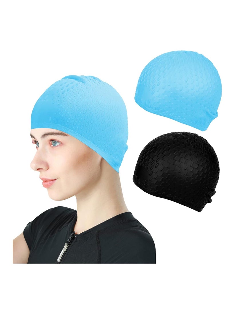 Swim Cap 2 Pack - Unisex Silicone Swimming Caps for Men, Women, Adults, and Kids - Durable, Flexible, and Waterproof Bathing Caps for Long and Short Hair(Blue,Black)