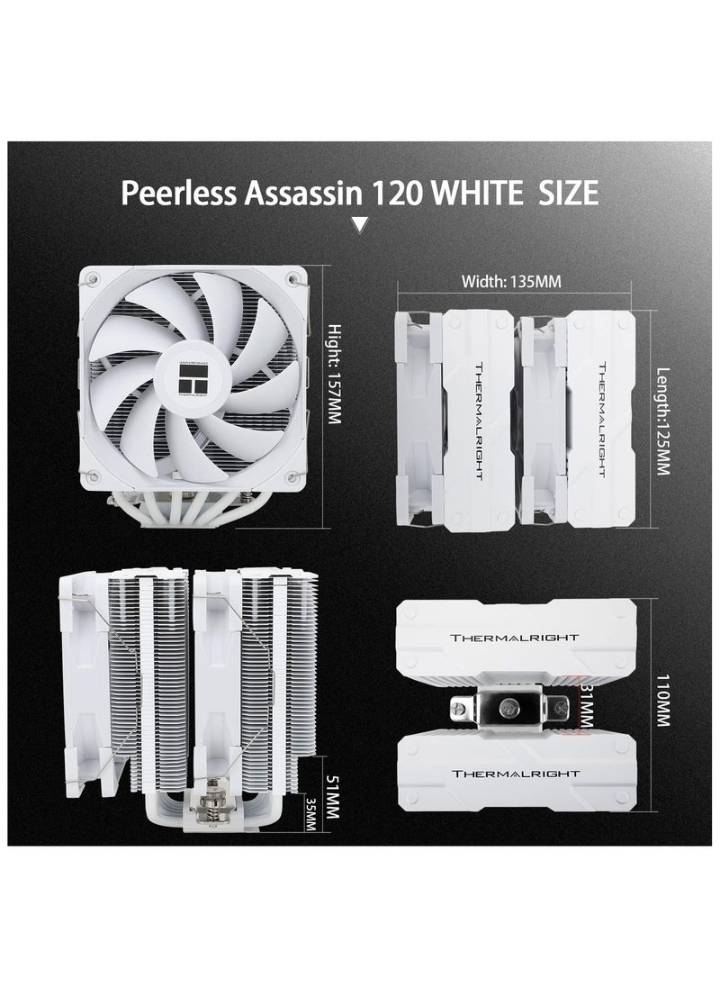 Thermalright Peerless Assassin 120 CPU Air Cooler, 6 Heat Pipes, Dual 120mm TL-C12W PWM Fan,Aluminium Heatsink Cover, AGHP Technology, for AMD AM4/Intel LGA 1150/1151/1200/2066/2011 (PA120 White)