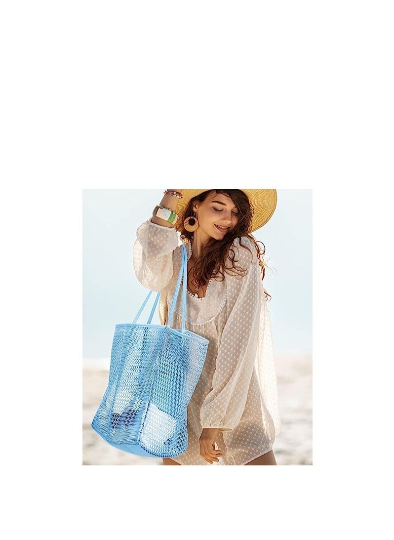 Mesh Beach Bag for Women, Large Tote Bag Lightweight Foldable Beach Tote with Zipper Pocket for Women Vacation Beach Pool Trip