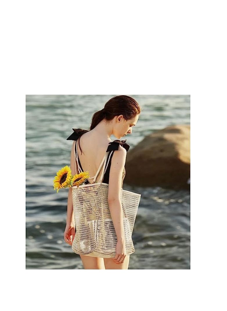 Mesh Beach Bag for Women, Large Tote Bag Lightweight Foldable Beach Tote with Zipper Pocket for Women Vacation Beach Pool Trip