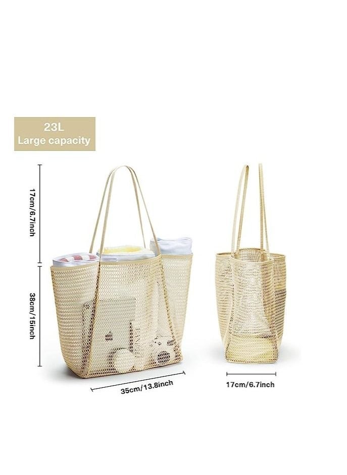 Mesh Beach Bag for Women, Large Tote Bag Lightweight Foldable Beach Tote with Zipper Pocket for Women Vacation Beach Pool Trip