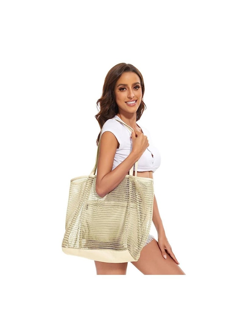 Mesh Beach Bag for Women, Large Tote Bag Lightweight Foldable Beach Tote with Zipper Pocket for Women Vacation Beach Pool Trip