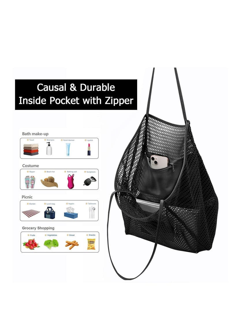 Tote Bag Large Summer Beach Bag, Mesh Tote Bag for Ladies and Girls, Shopping Bag Reusable, Large Casual Shoulder Bag with Zipper Inner Pocket for Travel Daily Pool Gym Picnic, Lightweight Grocery Bag