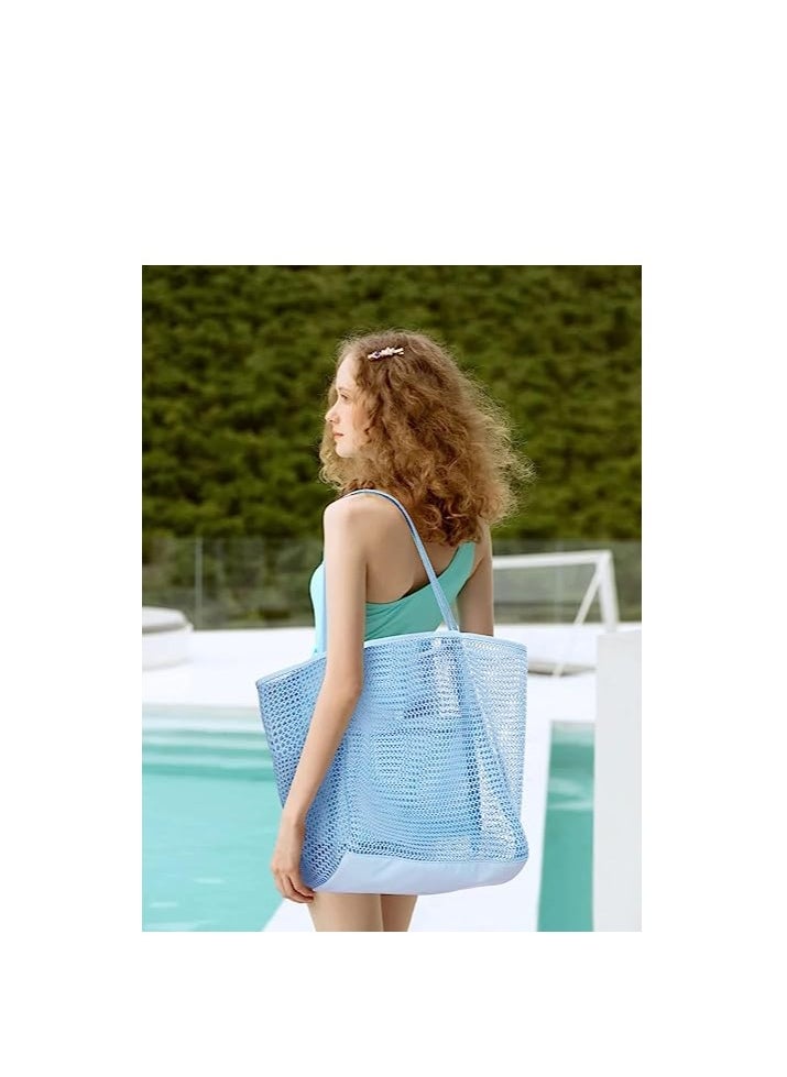 Mesh Beach Bag for Women, Large Tote Bag Lightweight Foldable Beach Tote with Zipper Pocket for Women Vacation Beach Pool Trip