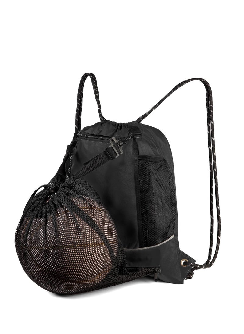 Black Basketball Backpack Drawstring Bag Basketball Accessories String Bag w Hidden Ball Net Gym Sports Cinch Sack w Bottle Holder & Zipper Pockets Workout Equipment Bags for Volleyball Men