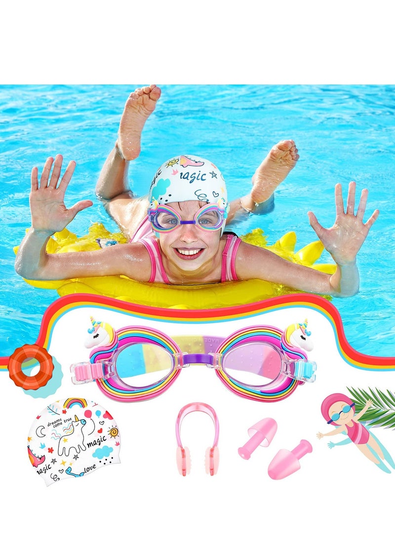 Children's Swimming Set, 5 Sets of Children's Silicone Swimming Cap Swimming Goggles Glasses Nose Clip Ear Plugs Cartoon Pink Girls Underwater Glasses Goggles for Children Age 3-12 Years