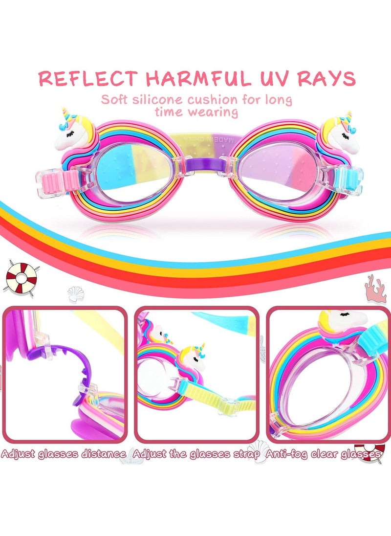 Children's Swimming Set, 5 Sets of Children's Silicone Swimming Cap Swimming Goggles Glasses Nose Clip Ear Plugs Cartoon Pink Girls Underwater Glasses Goggles for Children Age 3-12 Years