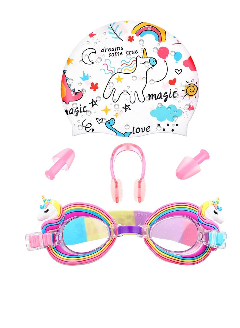 Children's Swimming Set, 5 Sets of Children's Silicone Swimming Cap Swimming Goggles Glasses Nose Clip Ear Plugs Cartoon Pink Girls Underwater Glasses Goggles for Children Age 3-12 Years