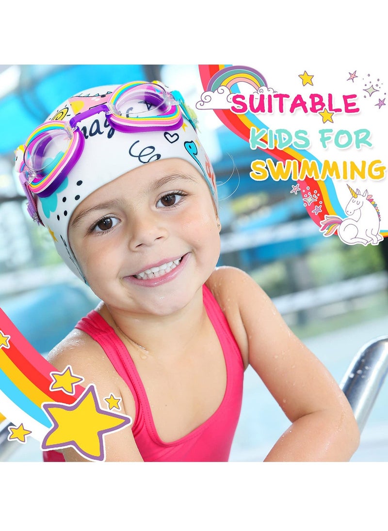 Children's Swimming Set, 5 Sets of Children's Silicone Swimming Cap Swimming Goggles Glasses Nose Clip Ear Plugs Cartoon Pink Girls Underwater Glasses Goggles for Children Age 3-12 Years
