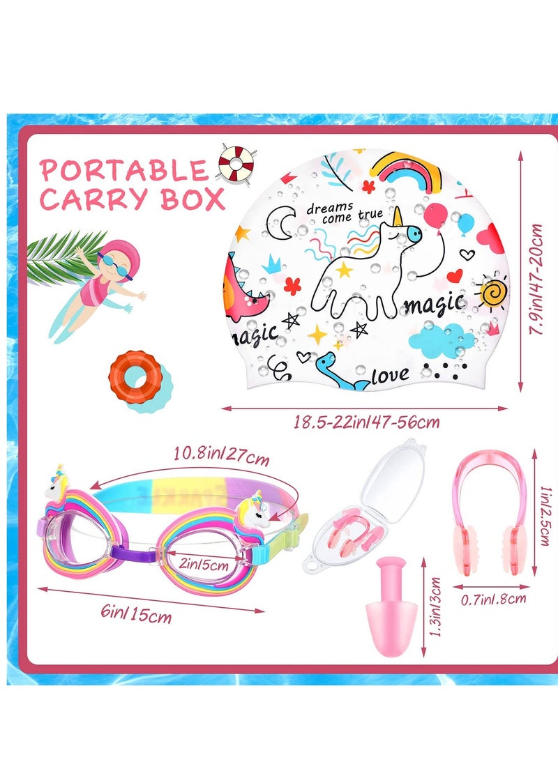 Children's Swimming Set, 5 Sets of Children's Silicone Swimming Cap Swimming Goggles Glasses Nose Clip Ear Plugs Cartoon Pink Girls Underwater Glasses Goggles for Children Age 3-12 Years