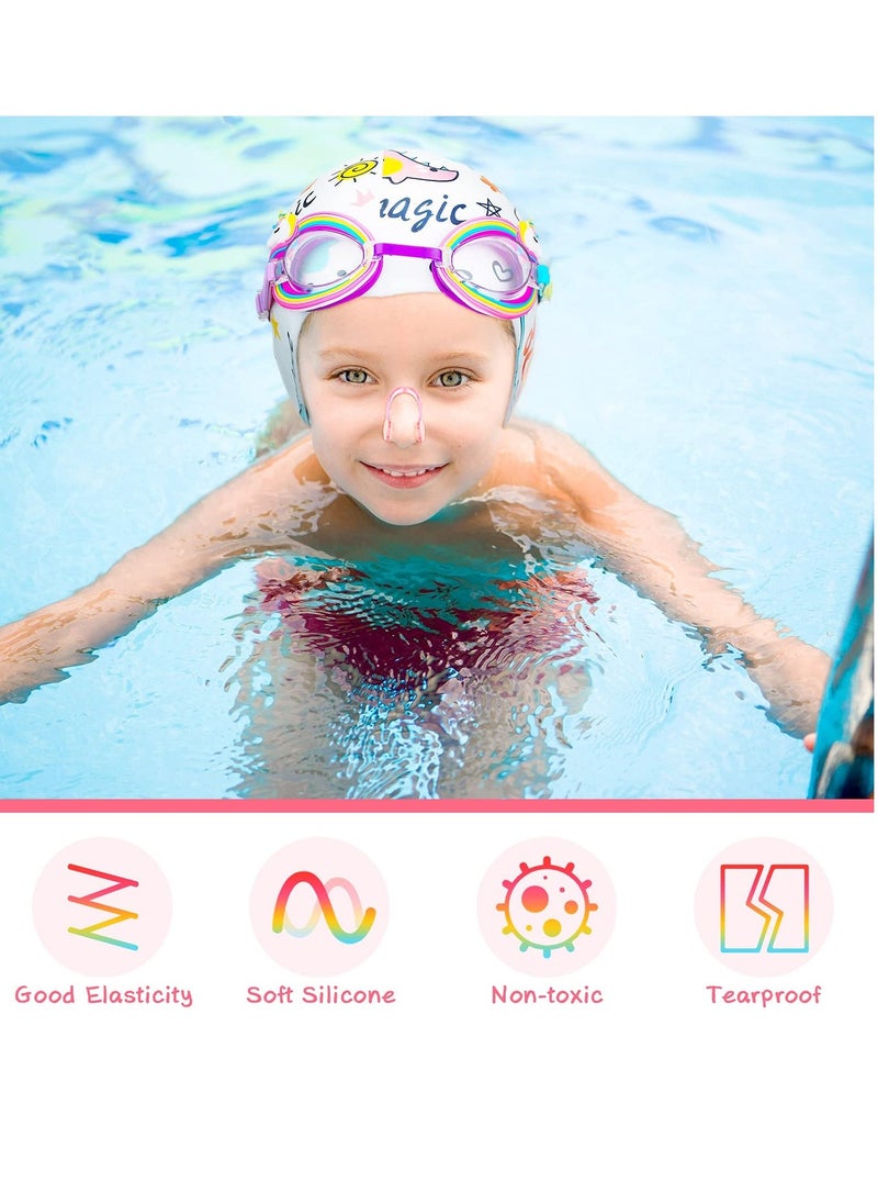 Children's Swimming Set, 5 Sets of Children's Silicone Swimming Cap Swimming Goggles Glasses Nose Clip Ear Plugs Cartoon Pink Girls Underwater Glasses Goggles for Children Age 3-12 Years