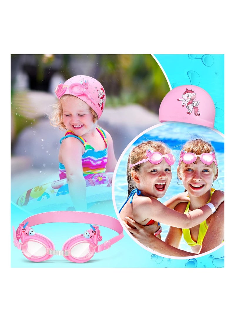 Kids Swim Cap Swimming Goggles Toddler Swimming Cap with Ear Plugs Waterproof Kids Cloth Bathing Cap Goggles for Children Girls Age 3-12 Lovely Cute Cartoon