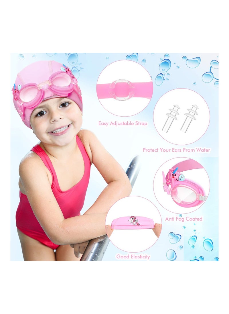 Kids Swim Cap Swimming Goggles Toddler Swimming Cap with Ear Plugs Waterproof Kids Cloth Bathing Cap Goggles for Children Girls Age 3-12 Lovely Cute Cartoon