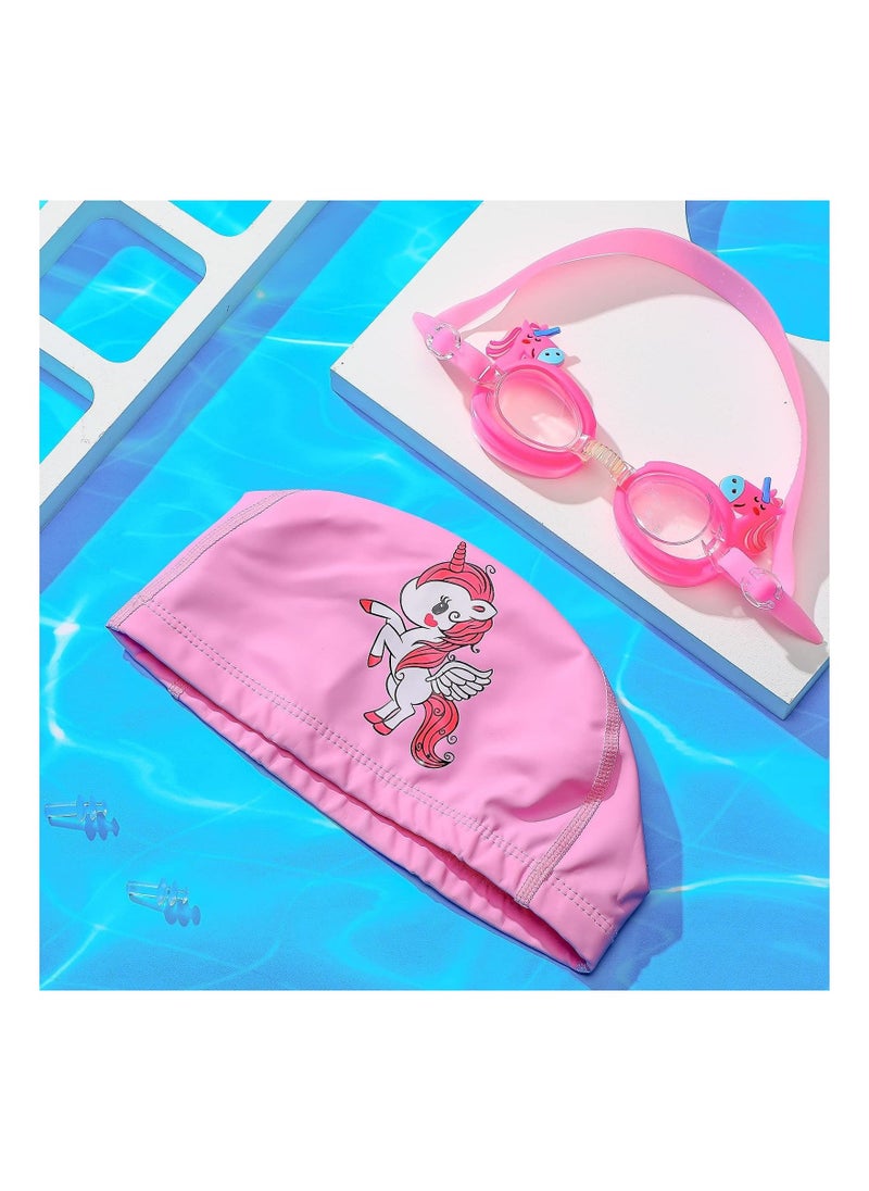 Kids Swim Cap Swimming Goggles Toddler Swimming Cap with Ear Plugs Waterproof Kids Cloth Bathing Cap Goggles for Children Girls Age 3-12 Lovely Cute Cartoon