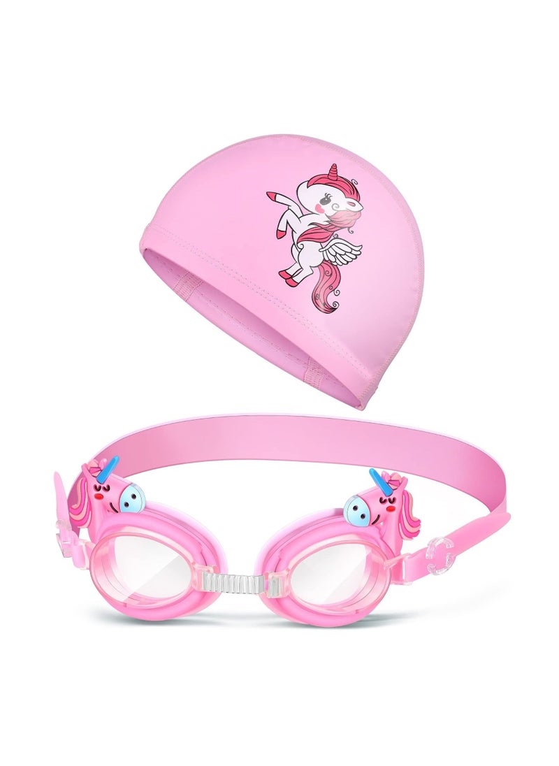 Kids Swim Cap Swimming Goggles Toddler Swimming Cap with Ear Plugs Waterproof Kids Cloth Bathing Cap Goggles for Children Girls Age 3-12 Lovely Cute Cartoon