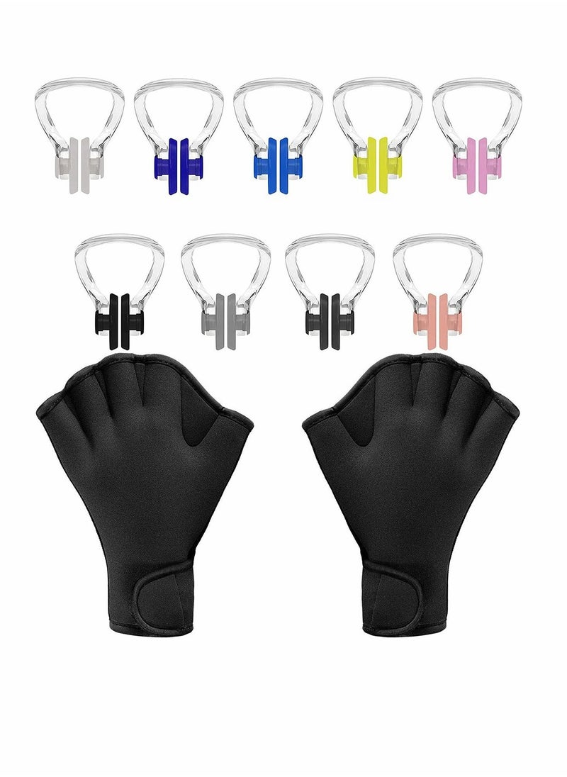 Aquatic Gloves Help Upper Limb Resistance + Swimming Nose Clip (14 Packs, Multi-Color), With Waterproof Silicone Size Suitable For Men, Women And Adults