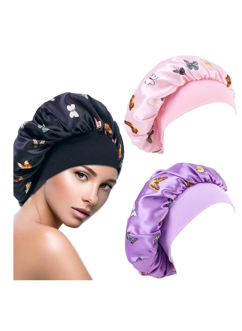 Silk Bonnet, Night Sleep Cap No Tight Bathroom Cap Hairdressing Cap Soft and Comfortable Without Hurting Hair for Women Girls, Sleeping Hair Care, Head Cover Elastic Hat 3PCS