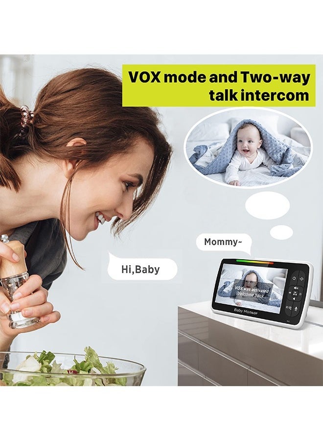 Baby Monitor with Camera and Audio, 5''Display with 3000mah Battery, Pan-Tilt-Zoom Video, Night Vision, 2-Way Talk, Temperature, Lullabies Playing and 960ft Range, Ideal for Gift