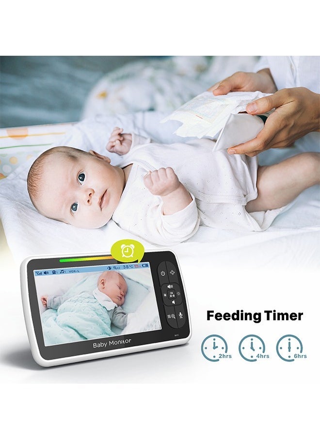 Baby Monitor with Camera and Audio, 5''Display with 3000mah Battery, Pan-Tilt-Zoom Video, Night Vision, 2-Way Talk, Temperature, Lullabies Playing and 960ft Range, Ideal for Gift