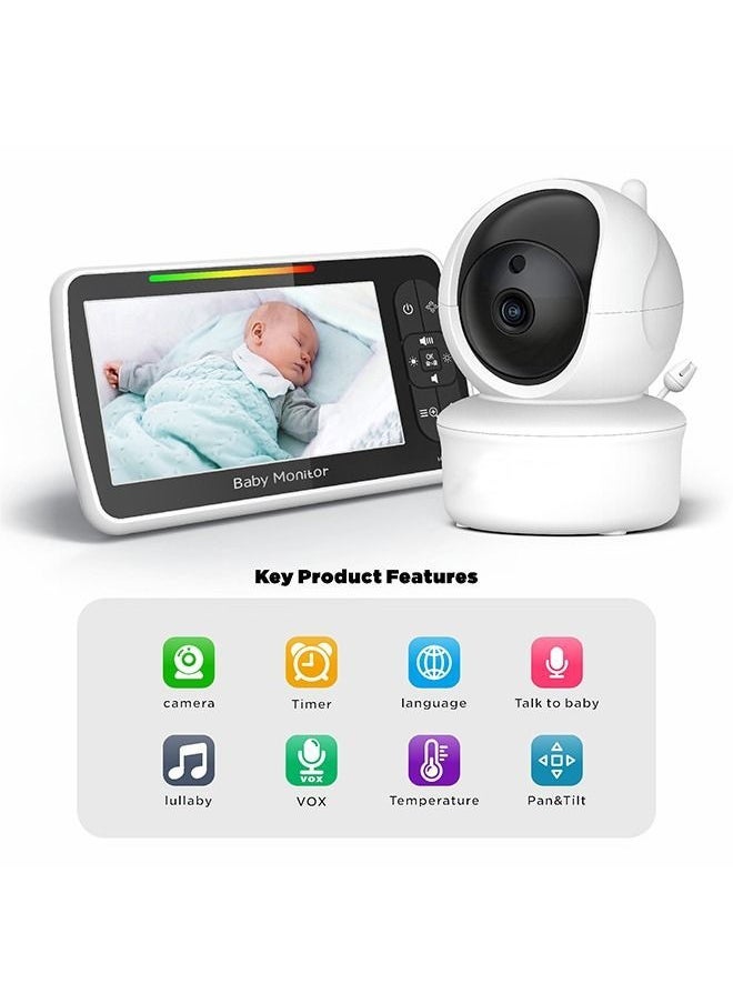 Baby Monitor with Camera and Audio, 5''Display with 3000mah Battery, Pan-Tilt-Zoom Video, Night Vision, 2-Way Talk, Temperature, Lullabies Playing and 960ft Range, Ideal for Gift