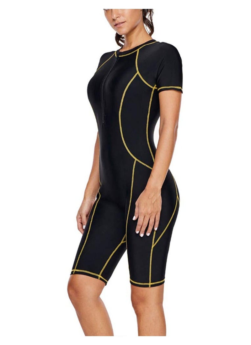 Women One-Piece Snorkeling Surfing Swim Suit Rash guard Short Sleeves Wetsuit Swimwear Black