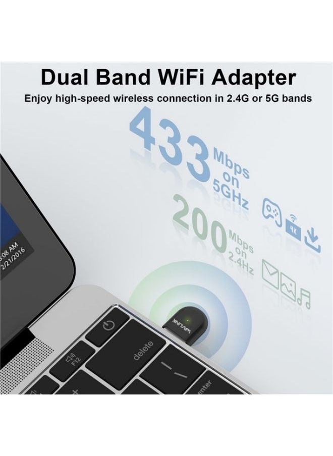 WAVLINK WN691A1F 5GHz / 2.4GHz Wireless Dongle AC650 USB 2.0 WiFi Adapter