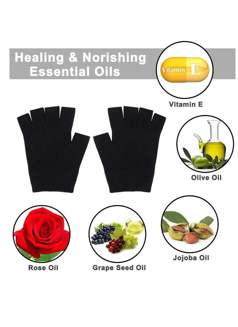 Moisturizing Spa Gloves Fingerless Black Gel Moisturizing Gloves Day Night Instantly Repair Eczema Dry Rough and Cracked Hands Thermoplastic Gel Lining with Essential Oils and Vitamins E