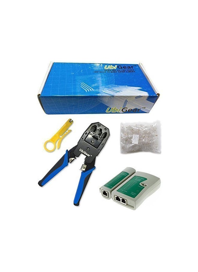 UbiGear® Network/Phone Cable Tester + RJ11/RJ12/RJ22/RJ45 Crimp Crimper +100 RJ45 CAT5 CAT5e Connector Plug Network Tool Kits (Crimper315)