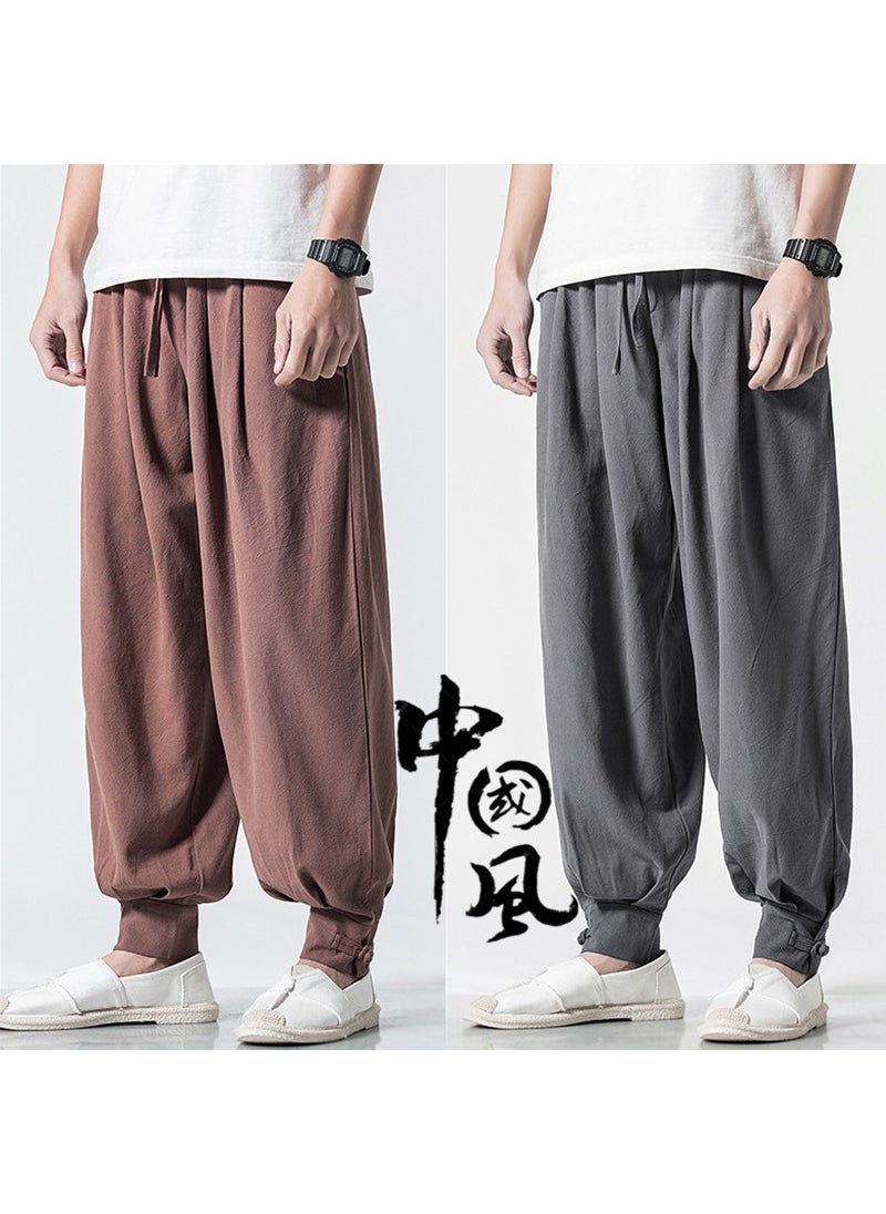 Unisex Cotton Linen Monk Pants Loose Drawstring-free Grey