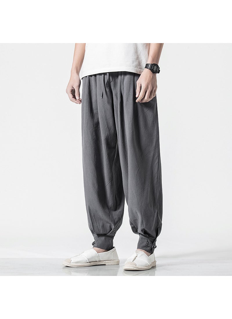 Unisex Cotton Linen Monk Pants Loose Drawstring-free Grey