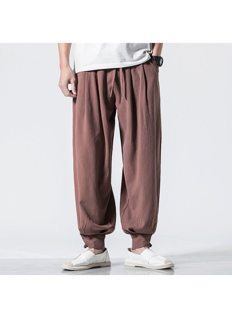 Unisex Cotton Linen Monk Pants Loose Drawstring-free Grey