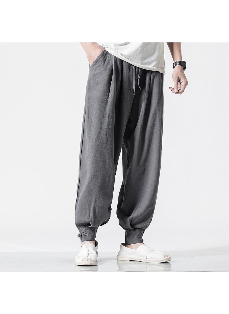 Unisex Cotton Linen Monk Pants Loose Drawstring-free Grey