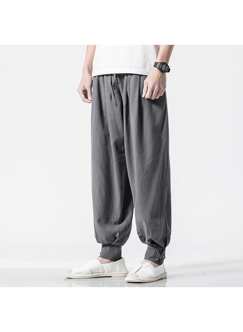 Unisex Cotton Linen Monk Pants Loose Drawstring-free Grey